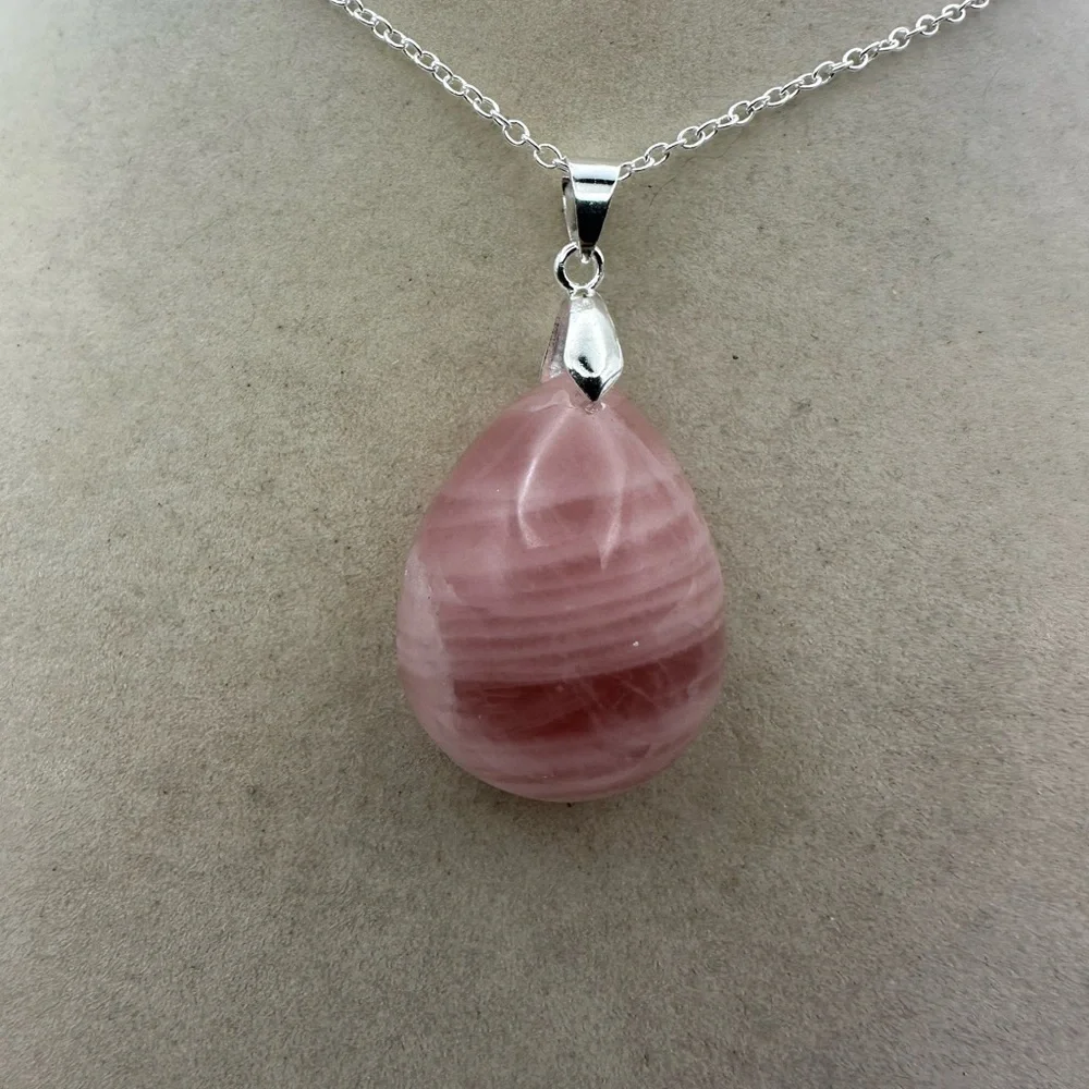 Madagascar Rose Quartz Teardrop Pendant Necklace on Silver Plated Box Chain